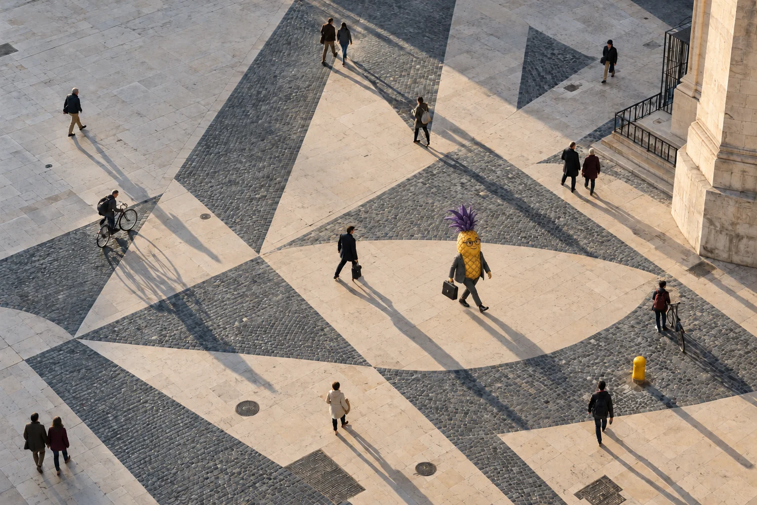 People crossing a geometric stone plaza in afternoon light, among them the Leslez pineapple in a suit with a briefcase.